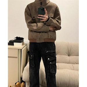 新款复古美拉德千鸟格哈灵顿羊毛夹克男短宽立体剪裁 JK953图片
