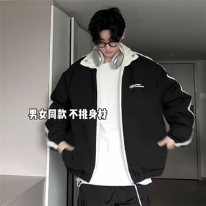 冬男两面穿棉衣条纹拼接字母印花宽松本命年红棉袄外套MY8176 P85图片
