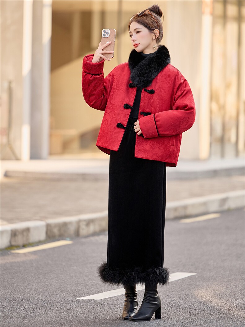 《现货》2025年冬季新中式高档真狐狸毛90羽绒服厚款保暖提花上衣,女装羽绒服,众宇琦