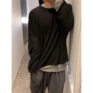 小众春秋新款慵懒设计感落肩大领口打底衫t恤男亲肤圆领低领长袖图片