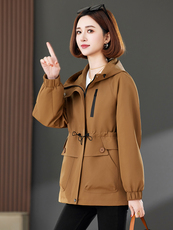 2025春季新款时尚休闲修身百搭抽绳收腰拉链口袋贴标连帽短外套，女装短外套，靓衣阁