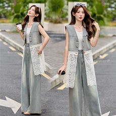 现货牛仔轻熟风通勤气质套装女2026夏季马甲上衣阔腿裤两件套，女装套装/套裙，艾仟回(原伊仟回)