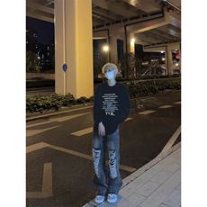 美式复古十字封印YER正能量印花长袖T恤小领口打底衫，男装T恤，星座310A-4