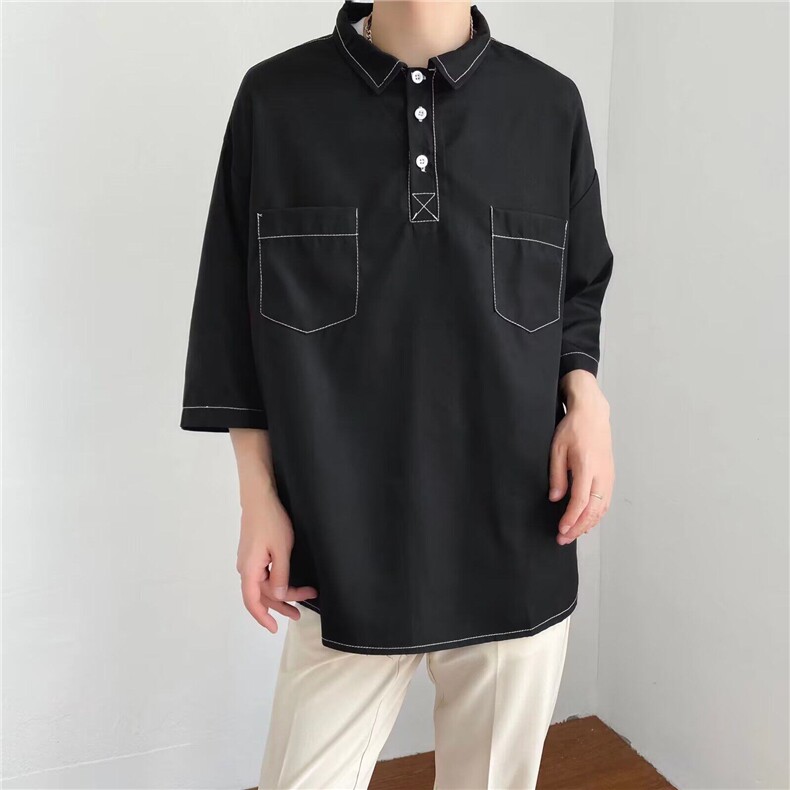港风高街翻领短袖polo衫男ins夏季宽松文艺范T恤C188/P30图片