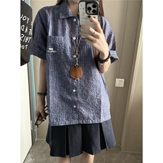紫蓝色织格子泡泡纱短袖衬衫夏季潮牌宽松防晒衫ins美式格纹衬衣，男装防晒衣，星座506A