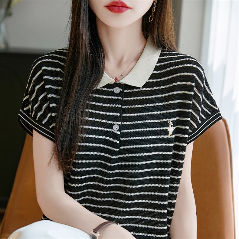 法式短袖娃娃脸针织T恤衫女2025夏季新款条纹莱赛尔休闲显瘦上衣,女装蕾丝衫/雪纺衫,羿纯羊绒