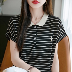 法式短袖娃娃脸针织T恤衫女2025夏季新款条纹莱赛尔休闲显瘦上衣，女装蕾丝衫/雪纺衫，羿纯羊绒