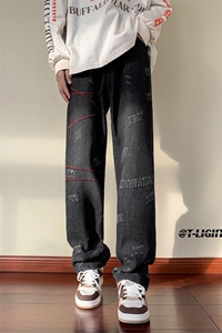 美式ins高街hiphop刺绣重工艺水洗直筒牛仔裤货号K689P55图片