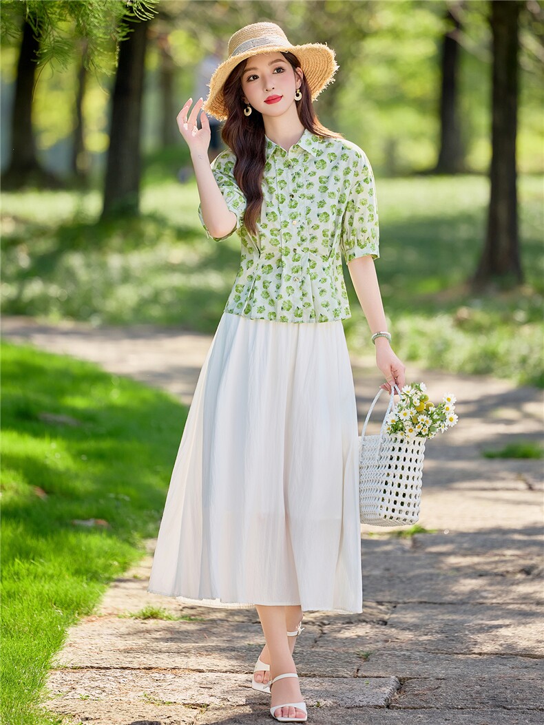 高级感时尚套装裙女春夏短袖绿花衬衫减龄半身裙两件套,女装套装/套裙,水衣源