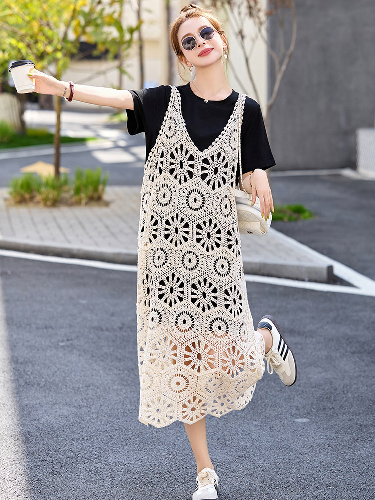 慵懒松弛感连衣裙女夏季2025新款韩版宽松遮肚显瘦蕾丝裙子两件套,女装套装/套裙,丽美静依