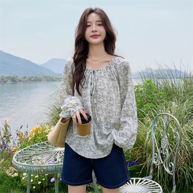 水衣源3730款长袖大圆领可一字肩洋气防晒碎花宽松小衫女,商品下架区,水衣源
