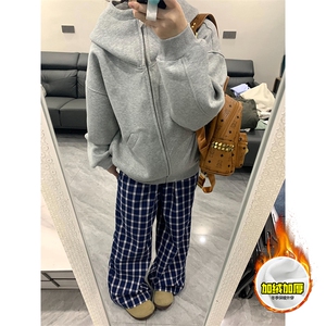 480G重磅加绒硬挺boxy 男女秋冬美式高街防风高领卫衣开衫厚外套图片