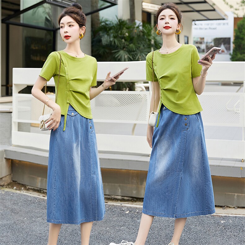 时髦牛仔裙裤女夏季2025新款后松紧腰显瘦过膝a字半身裙，女装套装/套裙，琦鑫阁（原依鑫阁）