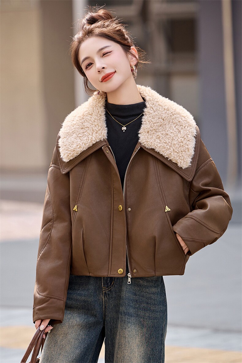时尚羊羔毛大翻领加棉PU皮衣外套女2025冬季宽松洋气减龄短款棉服,女装棉衣/棉服,依如秀(原杭风阁)
