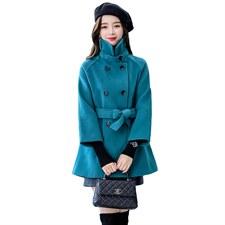 现货2021年冬季双排扣中长款立领九分袖纯色简约时尚减零呢子大衣，女装毛呢外套，丽美静依