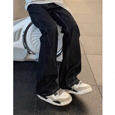 美式高街黑色男女小众设计感明线飘带牛仔裤S453P47，男装牛仔裤，星座1112-1