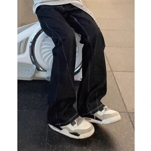 美式高街黑色男女小众设计感明线飘带牛仔裤S453 P47图片