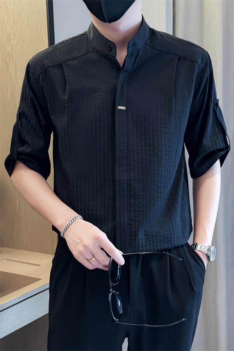 夏男立领条纹衬衫男休闲修身休闲衬衣小伙A236-82550-P60,男装衬衫,电商A236