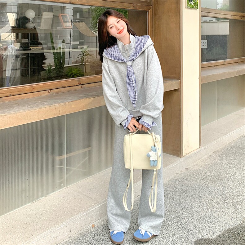 可拆卸连帽卫衣套装女2025春秋新款韩系小个子格子拼接卫裤两件套,女装套装/套裙,2C317A