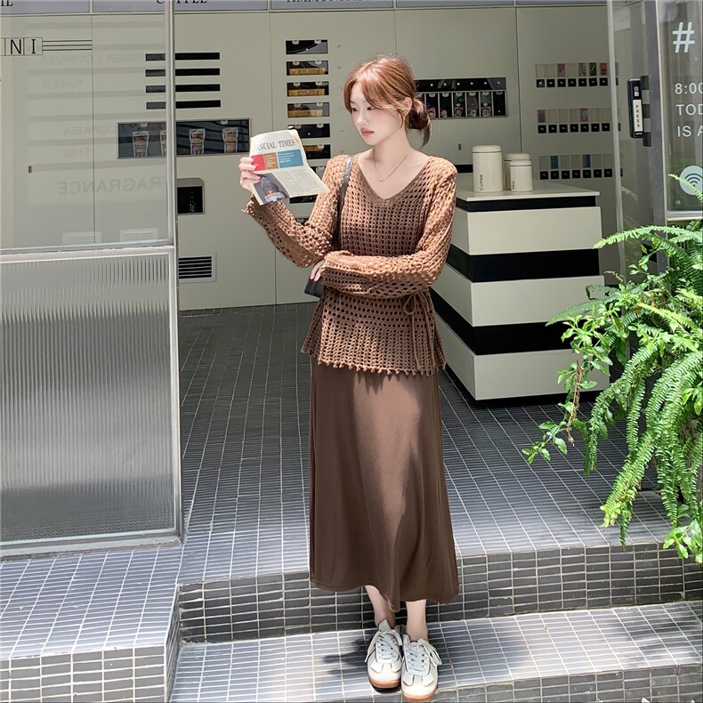 时尚套装女镂空针织衫吊带连衣裙春秋装搭配罩衫两件套装裙,女装连衣裙,2C166