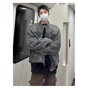 美式复古设计感浮雕机车盔甲牛仔外套男秋季宽松立领夹克 J8865图片