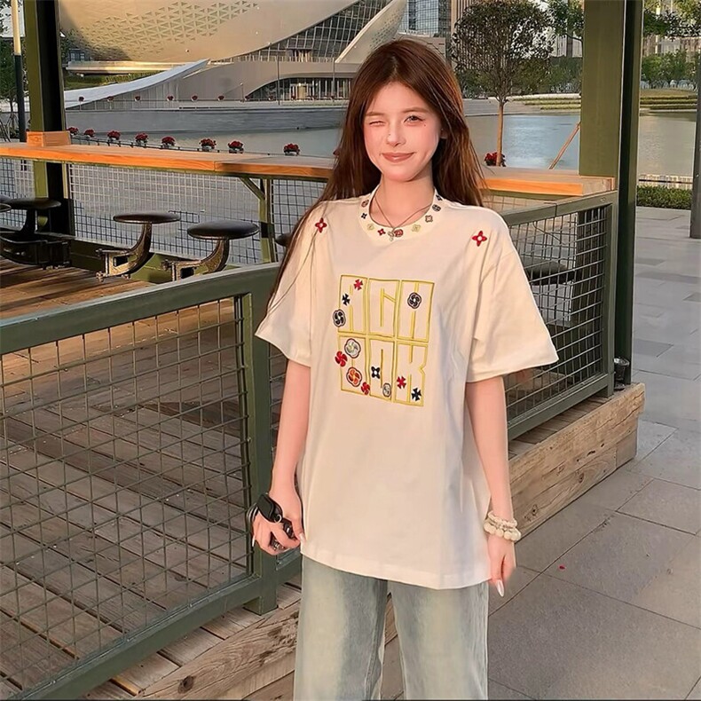万针全刺绣工艺抖音得物高品质260克重磅纯棉双纱美式高街短袖T恤,男装T恤,电商A486-1