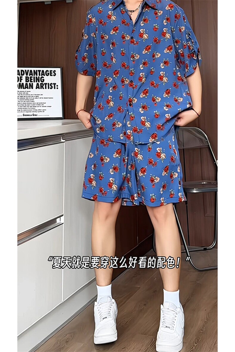 短袖衬衫男+短裤男套装男100%聚酯纤维M-5XL大码TZ78702P50控98,男装休闲套装,星座226-1
