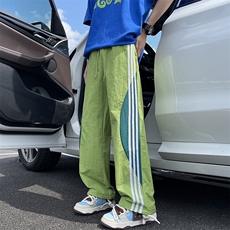 夏款男冰丝褶皱裤三条杠拼色抽绳直筒宽松长裤h606P40，男装休闲裤，星座1013-1
