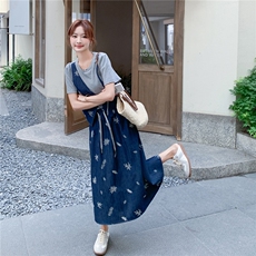 法式假两件短袖套装女2025夏季新款小个子轻熟风休闲半身裙两件套，女装套装/套裙，2C323