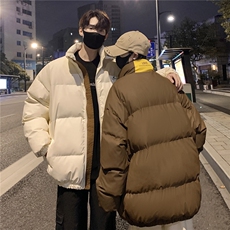 情侣装冬装PU软皮美式撞色棉服logo棉衣休闲外套男女G1102P128，男装棉衣，电商A339