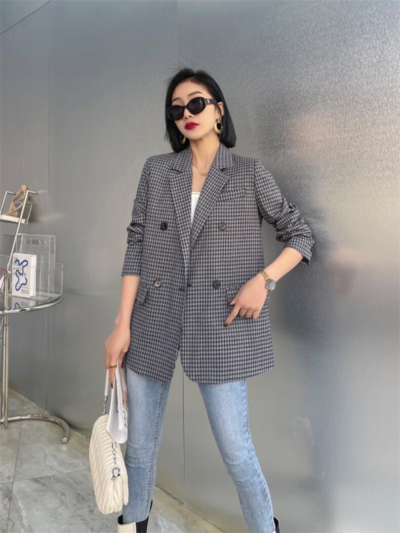 【现货】春装新款韩版阔版黑白格休闲西装，女装西装，名怡