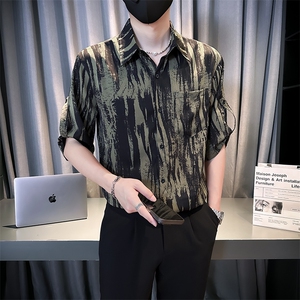 小伙宽松冰丝垂感衬衫男度假风短袖复古花衬衣A236--P50图片