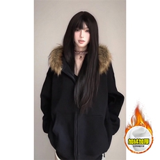 480G重磅加绒硬挺boxy秋冬美式高街超大毛领座山雕连帽卫衣厚外套，女装短外套，电商A486-1