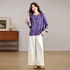 现货！春季新款新中式洋气套装百搭款圆领上衣+裤子两件套装女，女装套装/套裙，宝儿家