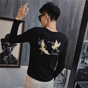 3秋季长袖修身T恤仙鹤刺绣社会小伙韩版潮男打底衫C301B-CT15图片