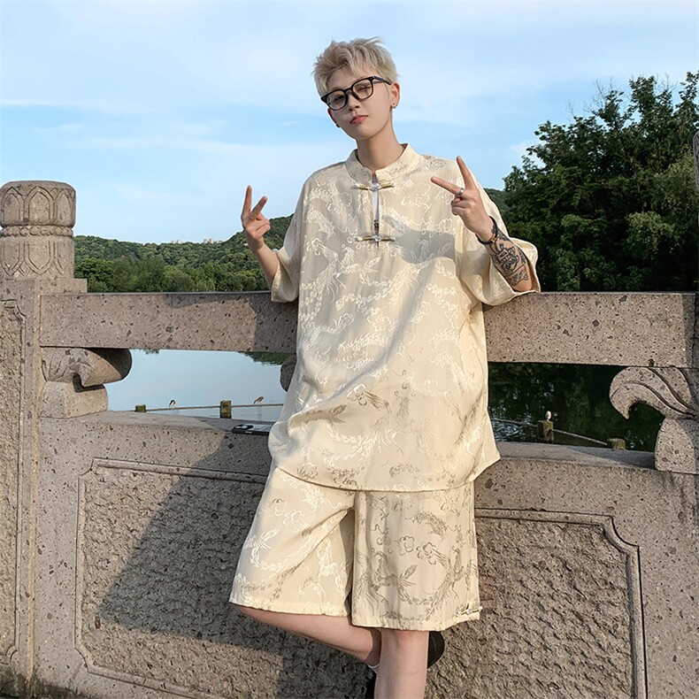 量大优供视频新风龙凤提花冰丝短袖短裤套装男TZ2406-特P60,男装休闲套装,电商A028