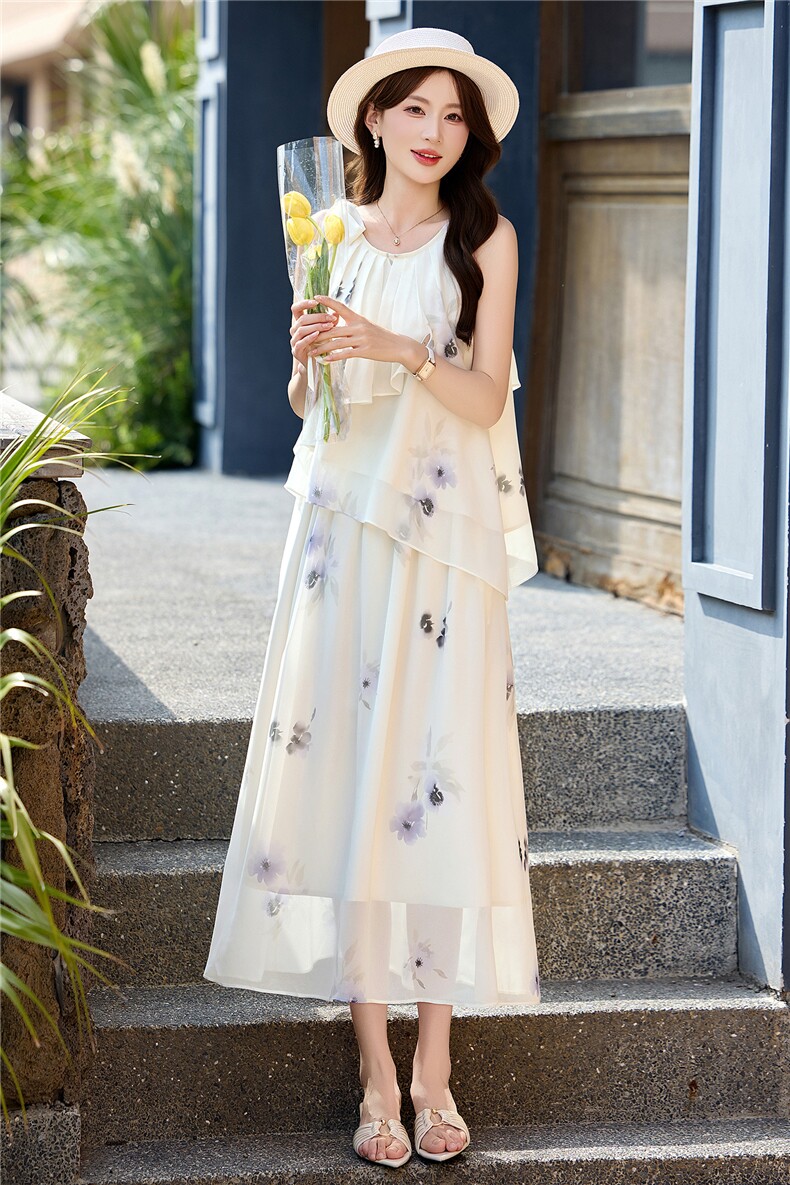 DLM8661白色花朵印花套装女夏无袖上衣半身裙两件套,女装套装/套裙,朵莱米