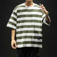 美式风条纹短袖T恤男女宽松圆领落肩袖潮流百搭上衣T232-特价P30，男装T恤，电商A007