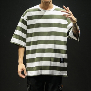 美式风条纹短袖T恤男女宽松圆领落肩袖潮流百搭上衣T232-特价P30图片