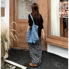 美式高街潮牌男女泡泡格子休闲裤直筒宽松慵懒显瘦阔腿休闲长裤子，男装休闲裤，电商A486