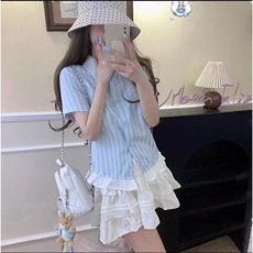 原创设计甜美少女感百搭条纹翻领收腰小飞袖短袖衬衫夏季衬衣上衣，男装T恤，星座506A