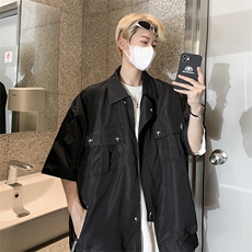 港风复古宽松版工装衬衫短袖夏季薄外套大口袋衬衣CS01262-P50，男装衬衫，星座308B-1