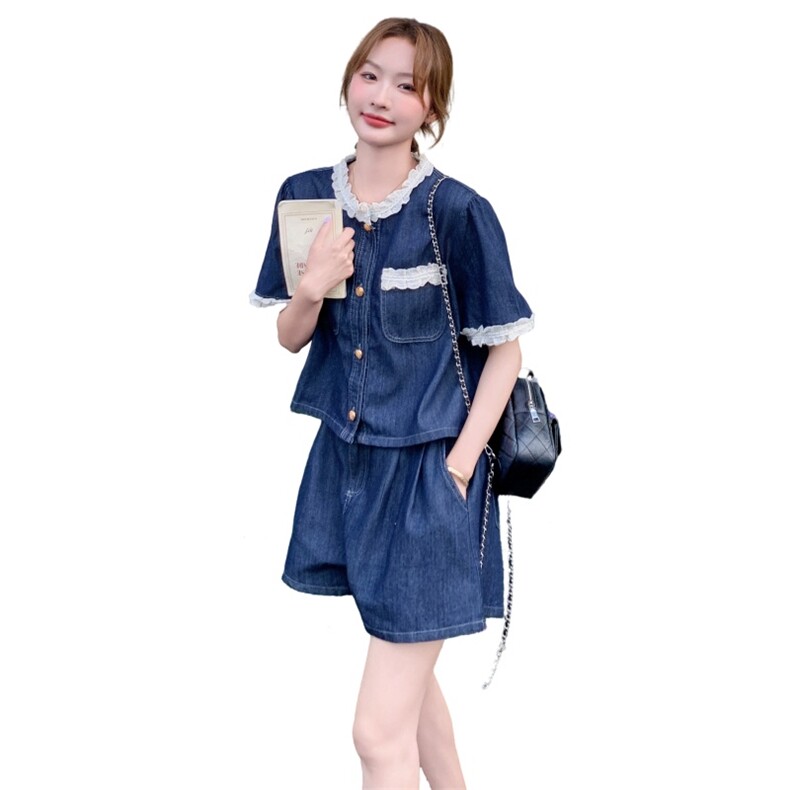 现货2D078-T2011-P145K228蕾丝装饰牛仔上衣+短裤真两件套,女装套装/套裙,2D078