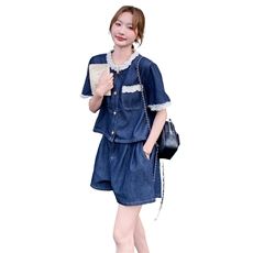 现货2D078-T2011-P145K228蕾丝装饰牛仔上衣+短裤真两件套，女装套装/套裙，2D078