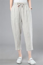 棉麻裤子女2024夏装新款亚麻松紧腰宽松萝卜裤抽绳九分妈妈小脚裤，女装休闲裤，江忆布依