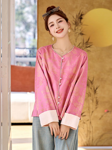 轻奢粉色新中式国风外套女短外套2025初春新款圆领提花刺绣洋气潮图片