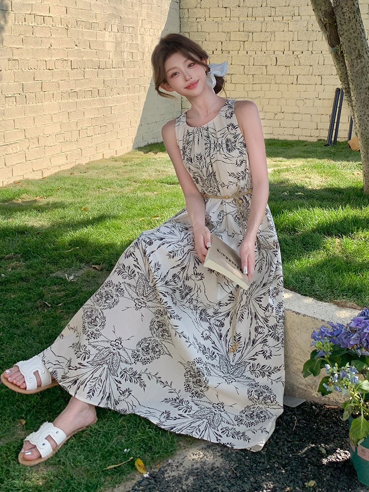 温柔新中式水墨画印花森系长裙女夏新款度假风无袖露肩挂脖连衣裙,女装连衣裙,浙宝192（原082）