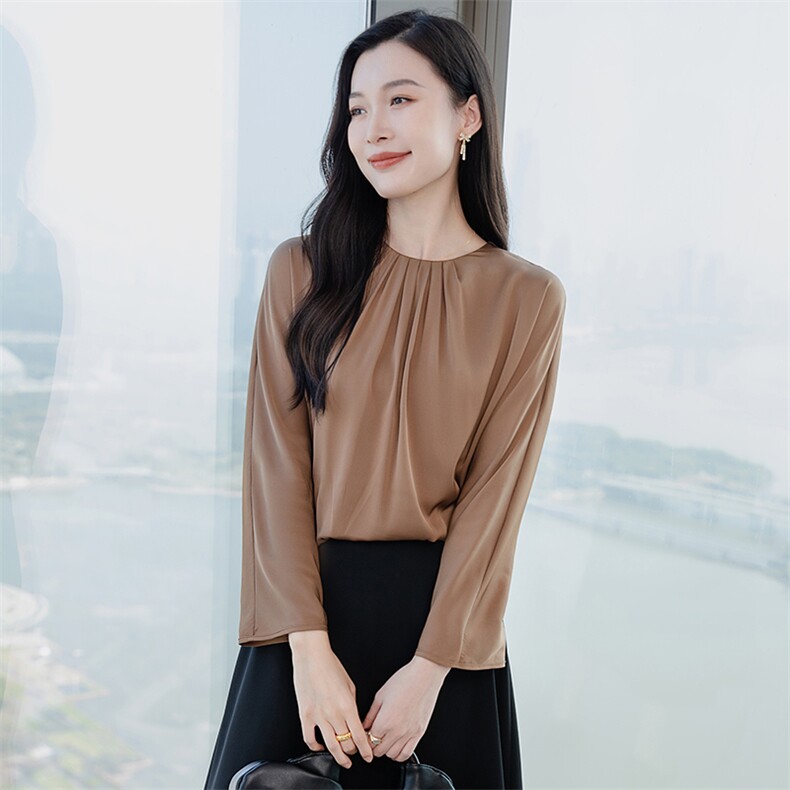 高端真丝上衣女长袖T恤2026春季圆领气质妈妈印花重磅真丝小衫t图片