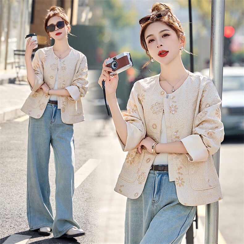 新中式国风棉麻外套女2025春季新款时尚高级感盘扣小香风刺绣上衣，女装短外套，布芭啦