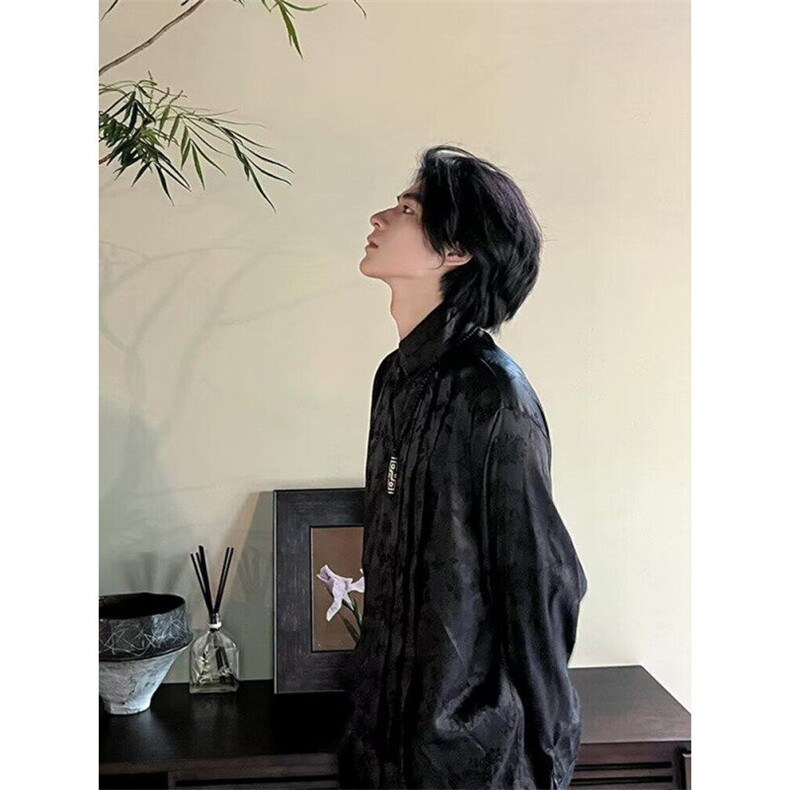 春秋改良中式缎面提花复古长袖衬衣男女珍珠扣立领小众个性衬衫男图片